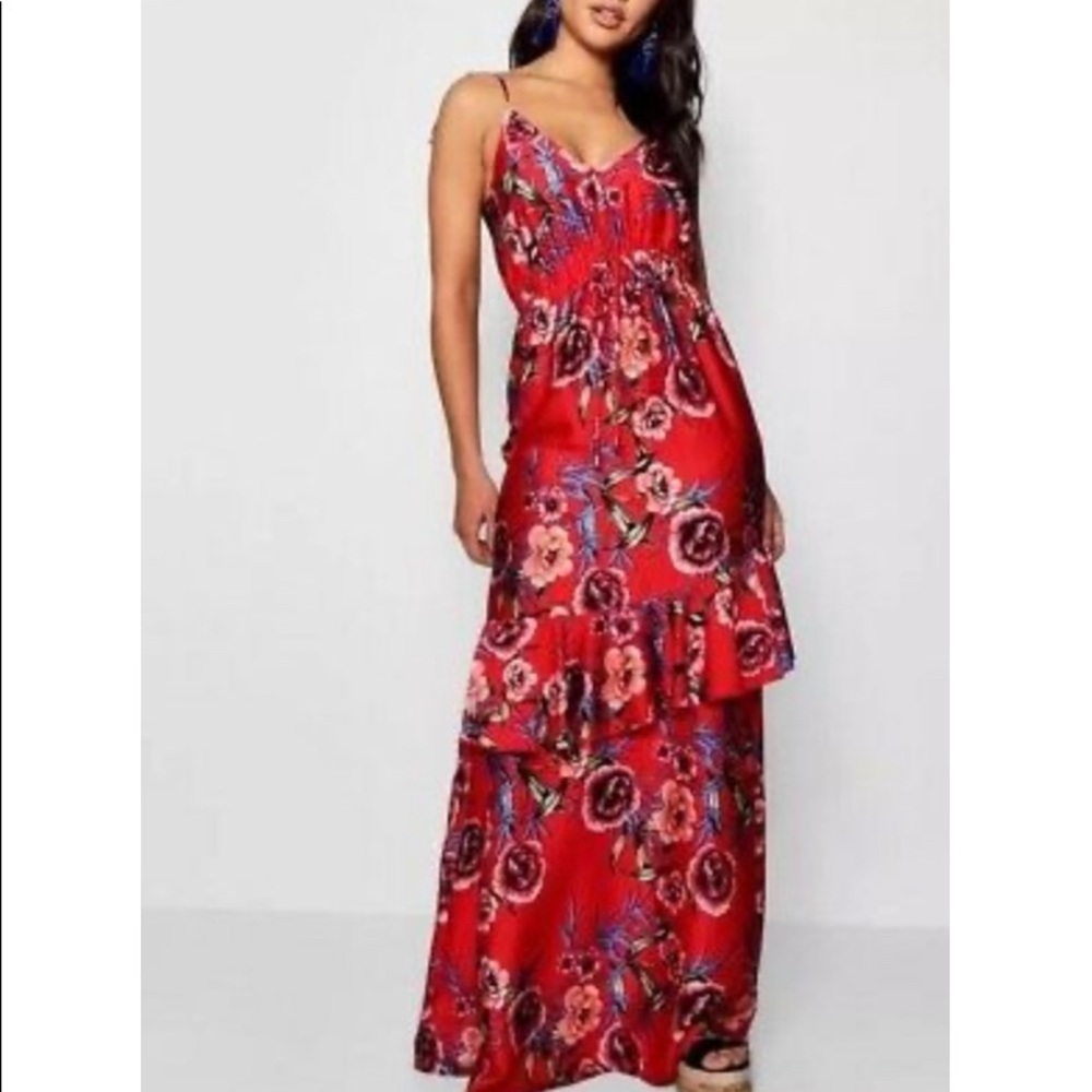 Boohoo Satin Floral Ruffle Maxi Dress